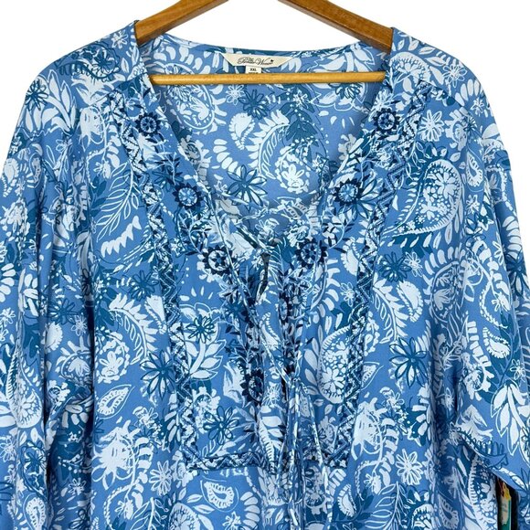 The Pioneer Woman XXL Paisley Lace Up Peasant Blouse Long Sleeve Blue White New - Picture 2 of 12